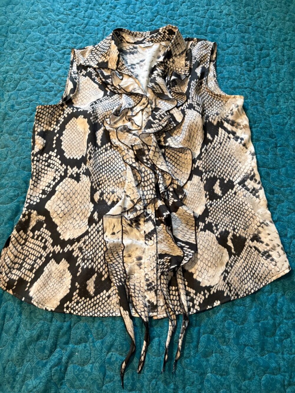 Nicola Snakeskin Print Sleeveless Blouse w/Cascading Front Ruffles Size L